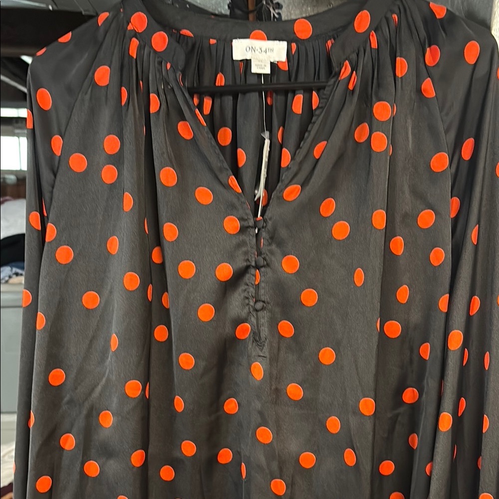 On 34th silky blouse  Black with Orange Polka Dots size 2x